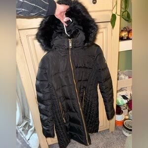 Women's Black Puffer Jacket with Faux Fur Hood Michael Kors